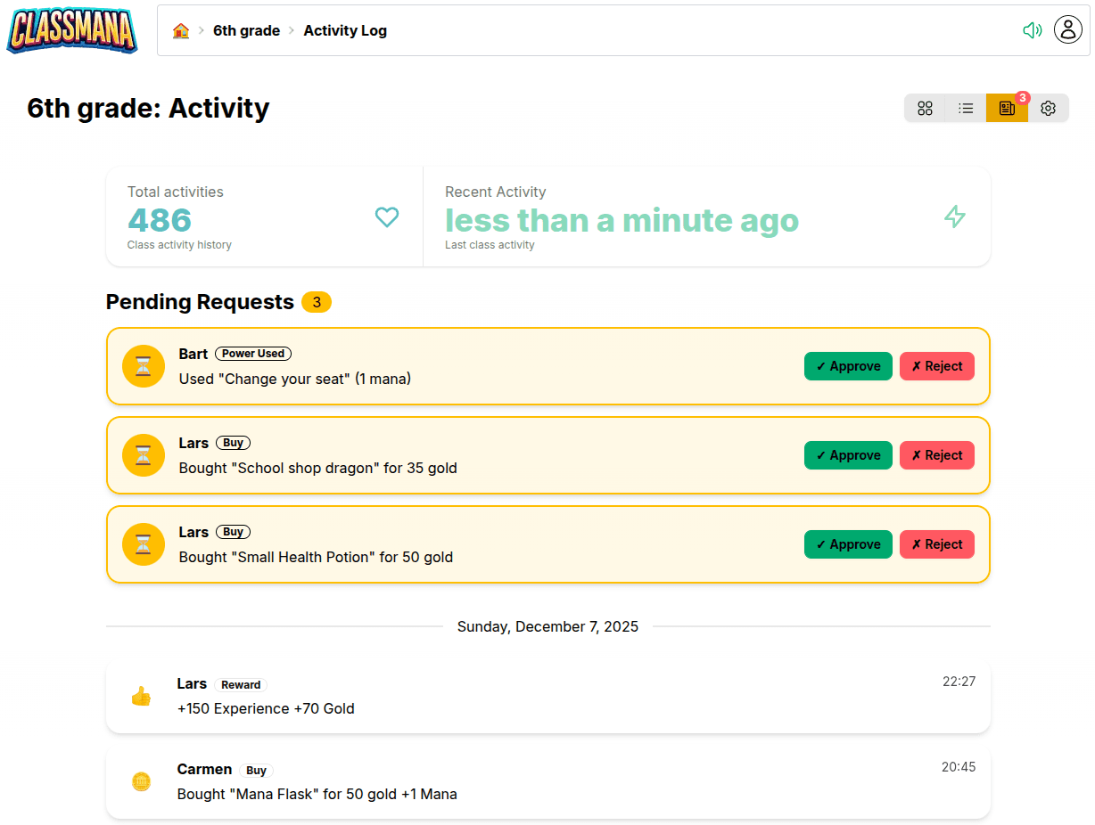 Strona aktywności z oczekującymi prośbami