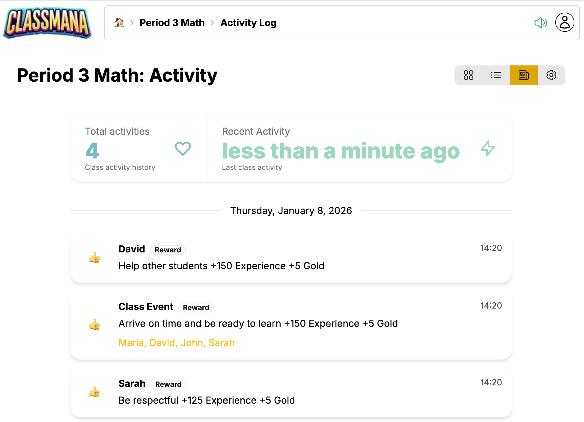Widok dziennika aktywności