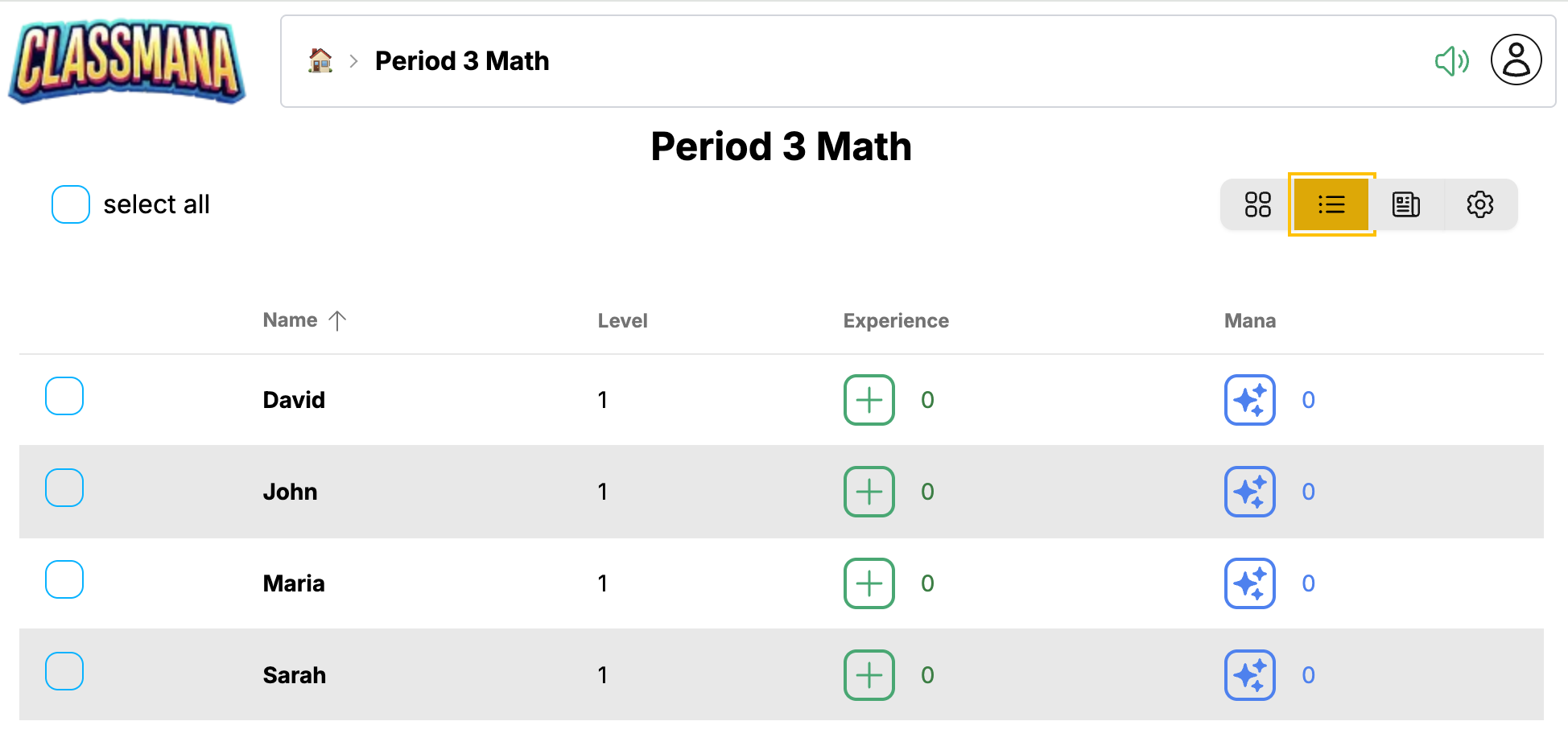 Widok tabeli uczniów